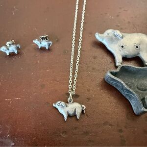 Vintage Pewter Silver Pig Brooch Jewelry Set